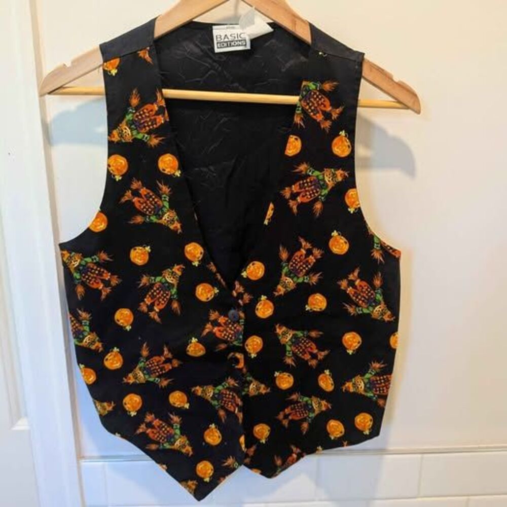 Vintage Halloween Scarecrow Pumpkin Vest Small Black Orange Jack O Lantern Fall